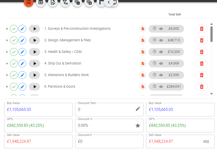 Tibr Enterprise quote editor showing a structured fit-out estimate with live buy, sell and GP totals